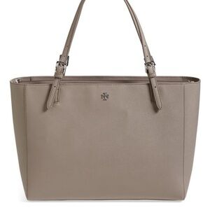 Tory Burch Pale Light Grey Saffiano Leather Buckle Tote